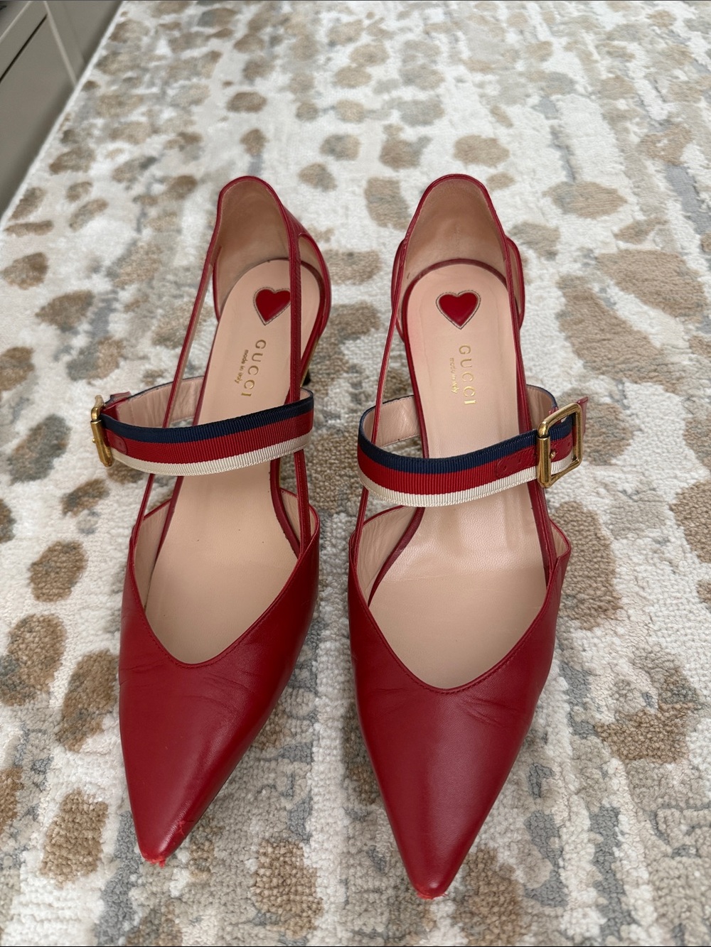 Gucci Red Leather Pointed Slingback Pumps with Navy-Red-White Web Strap